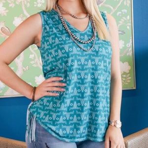 Turquoise Cow Skull Tank with Fringe